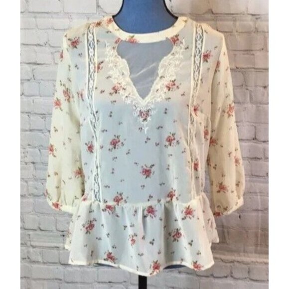 Pins & Needles Floral Blouse Lace Detail & Peplum Hem Peasant Tunic Top Medium - Picture 1 of 5
